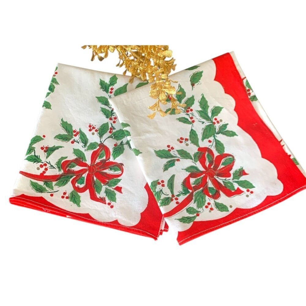 3 Tea Towels Christmas Themed Cotton Red & White